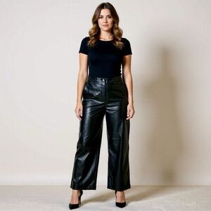 Anne Klein Pants Faux Leather Black Wide Leg Cropped Womens Size 10